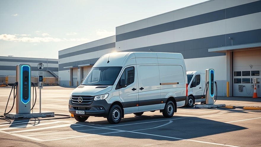 Heavy-duty commercial bidirectional EV chargers connected to electric delivery vans at a modern distribution center facility