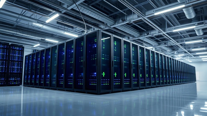 A pristine and modern data center server aisle with glowing indicator lights and industrial cooling systems.
