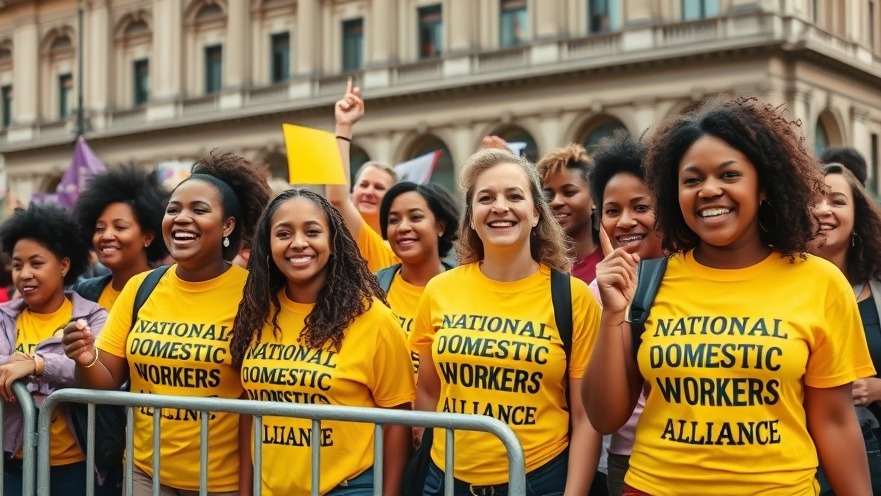 Diverse group supporting worker protection legislation at urban rally, bright and lively.