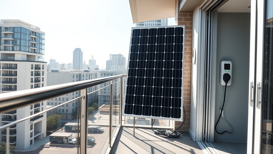 Compact plug-in balcony solar panel array integrated into modern urban residential building infrastructure.