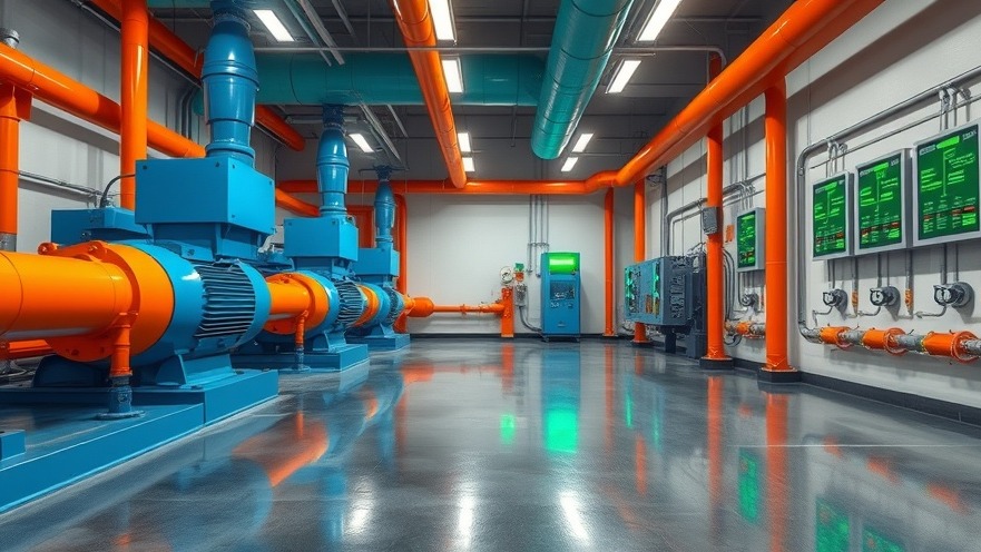 Modern utility room showcasing clean energy grid technology with high-tech water pumps and insulated pipes.