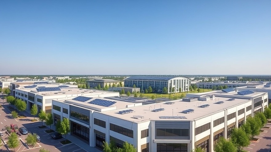 Modern eco-friendly commercial retail facility highlighting integrated solar arrays and distributed energy infrastructure.