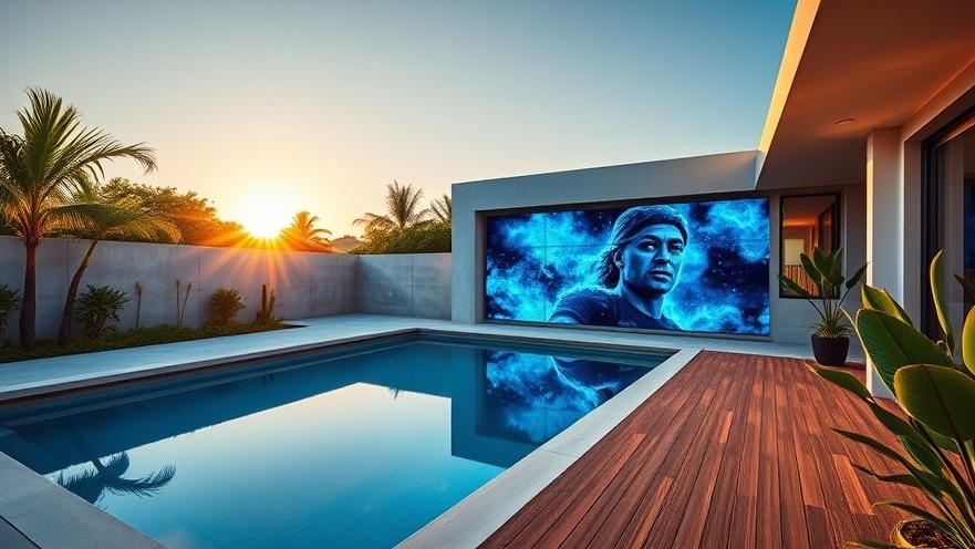 A luxury modern backyard patio featuring a giant high-brightness outdoor video wall next to a swimming pool in the golden hour.