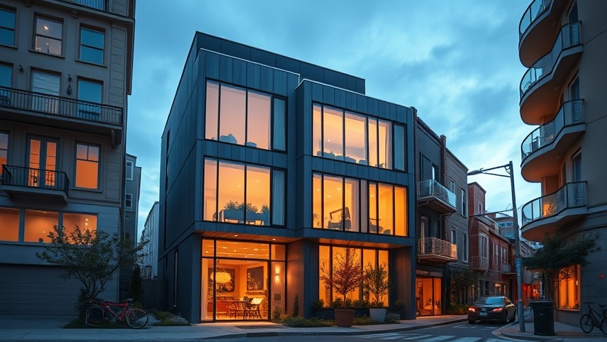 Exterior architectural view of a modern high-density prefabricated infill residence showcasing structural steel design and illuminated interior spaces.