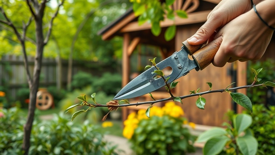 Macro view of tree branch cutters in a lush garden, showcasing sustainable home design.