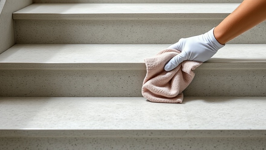 A close-up view of a matte concrete step receiving a protective layer of clear liquid sealer to prevent deep foot-traffic stains.
