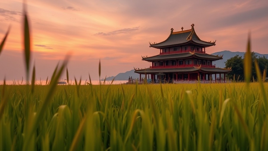Photorealistic Chinese temple by the sea at dusk, embodying sustainable travel.