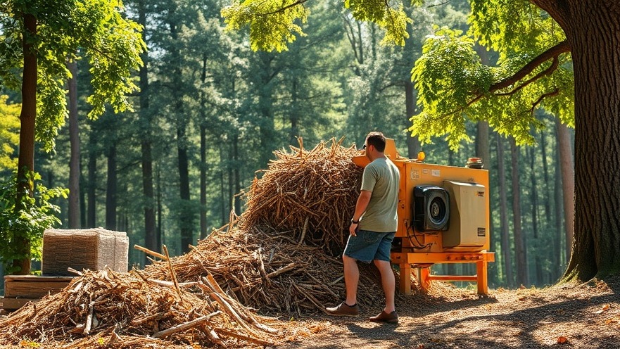 Photorealistic tree branch shredding machine showcasing eco-friendly gardening practices.