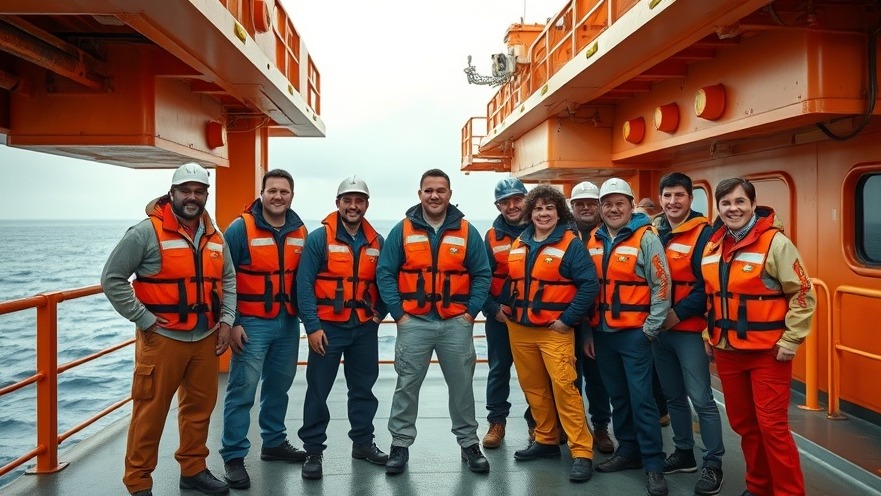 Diverse mining workers on a ship advocating sustainability goals at sea.