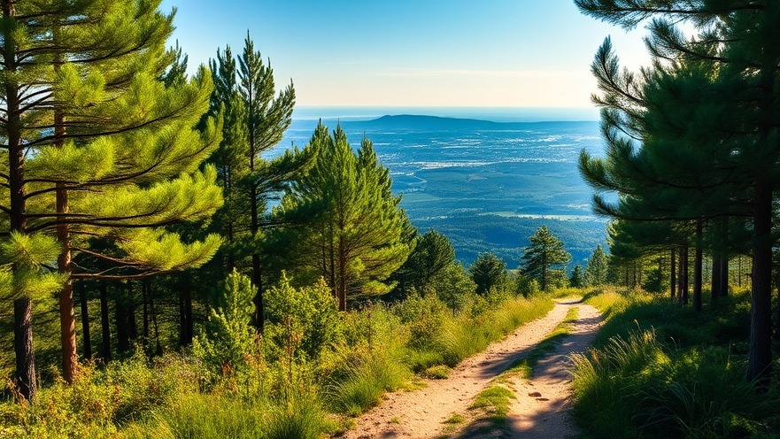 Photorealistic hiking path through trees, embodying sustainable home design with natural beauty.