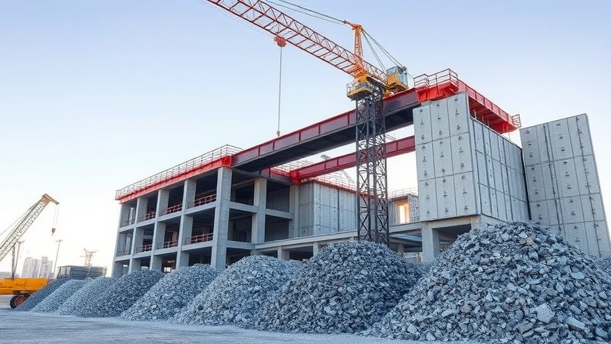 Construction workers sorting and recycling structural steel and concrete debris at a commercial zero-carbon building redevelopment site.