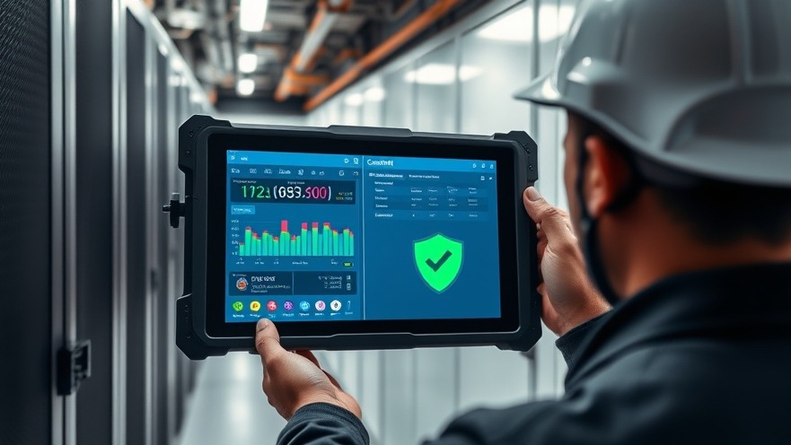 A facility technician updating the firmware on an industrial building management system panel using a tablet.