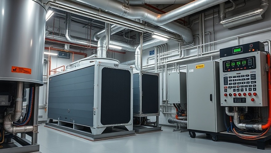 High-efficiency commercial hotel mechanical room featuring reinforced chillers and building automation control systems.