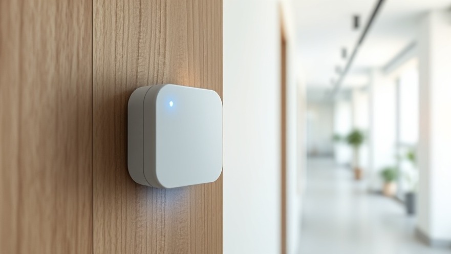 Close-up of a sleek white smart building sensor mounted on a premium wood wall inside a modern sustainable facility.