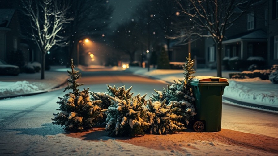 Serene winter scene of snowy Christmas trees amidst a cul de sac, highlighting eco-friendly practices.