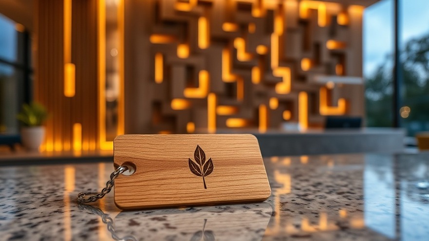 Eco-friendly hotel front desk showcasing sustainable design with bamboo keycard