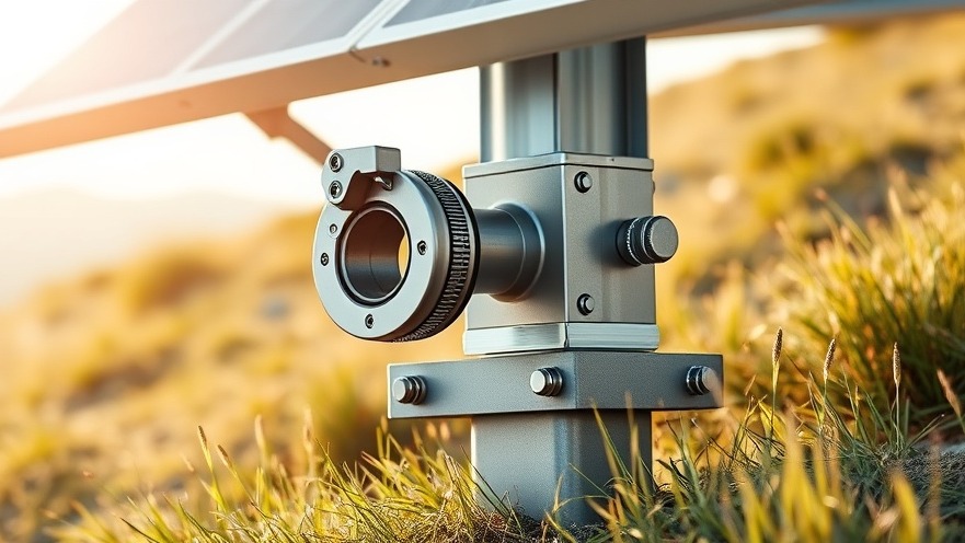 Close-up engineering view of an articulating solar tracker bearing joint conforming to a sloped hillside layout.
