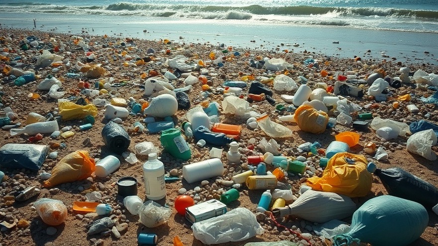 Beach polluted with plastic, highlighting marine life threats and pollution impacts.