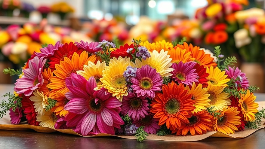 Vibrant, colorful flower bouquets on brown paper, highlighting sustainability in food service.