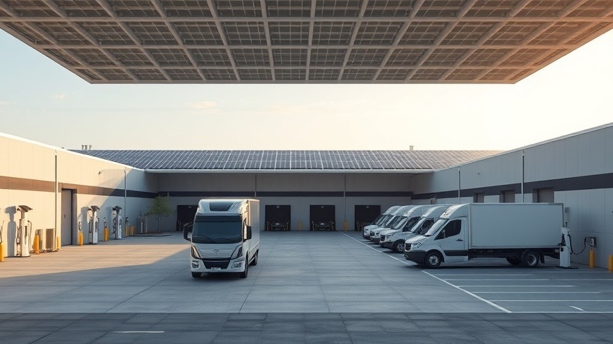 Modern eco-friendly commercial logistics depot featuring rooftop solar energy infrastructure and heavy-duty electric vehicle charging stations.