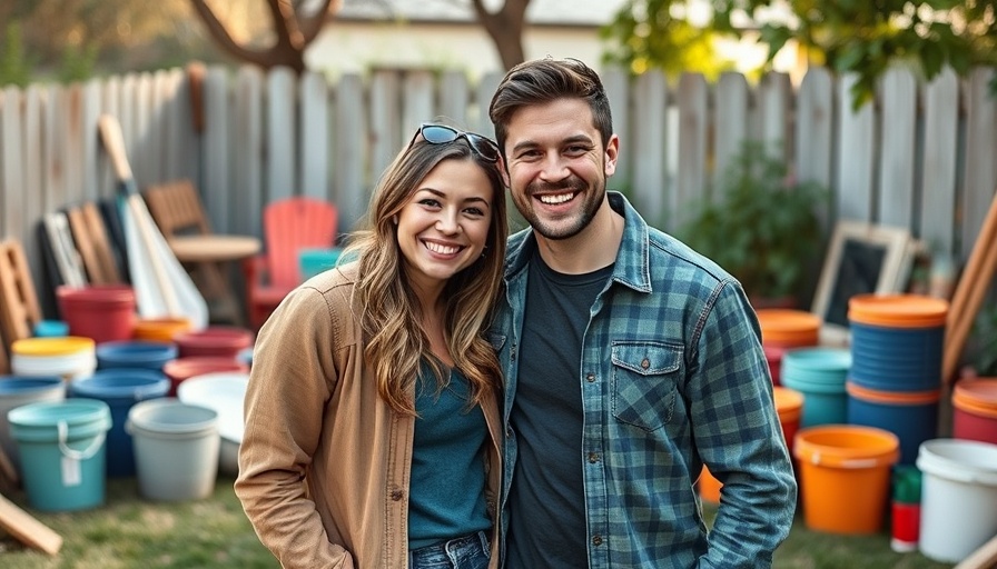 Casual couple smiling outside with dog in backyard.