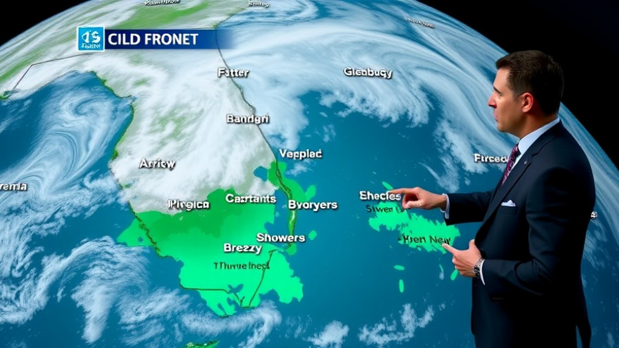 Cold front rain chances map of South Florida with weather presenter.