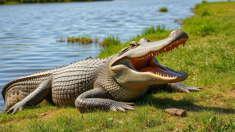 Florida crocodile incident: Large crocodile on grassy riverbank, mouth open.