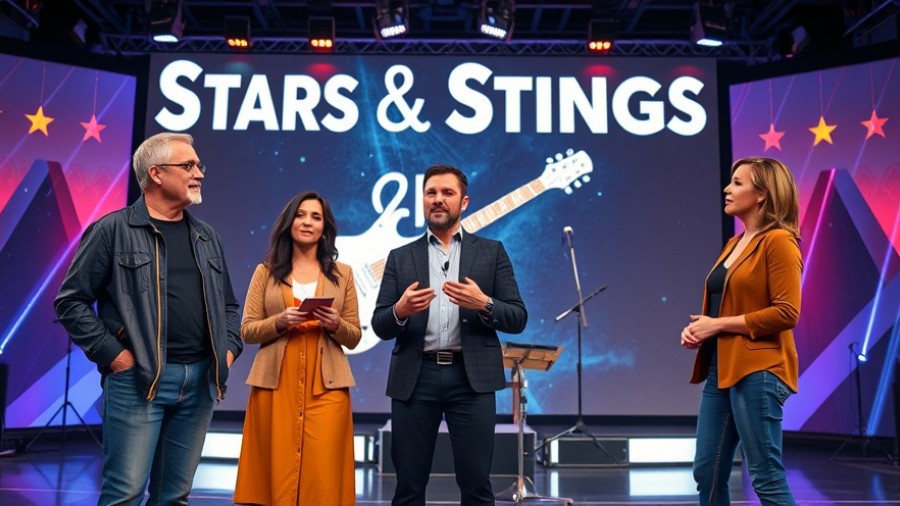 Three individuals on stage discussing 'Stars & Strings' event with vibrant backdrop.
