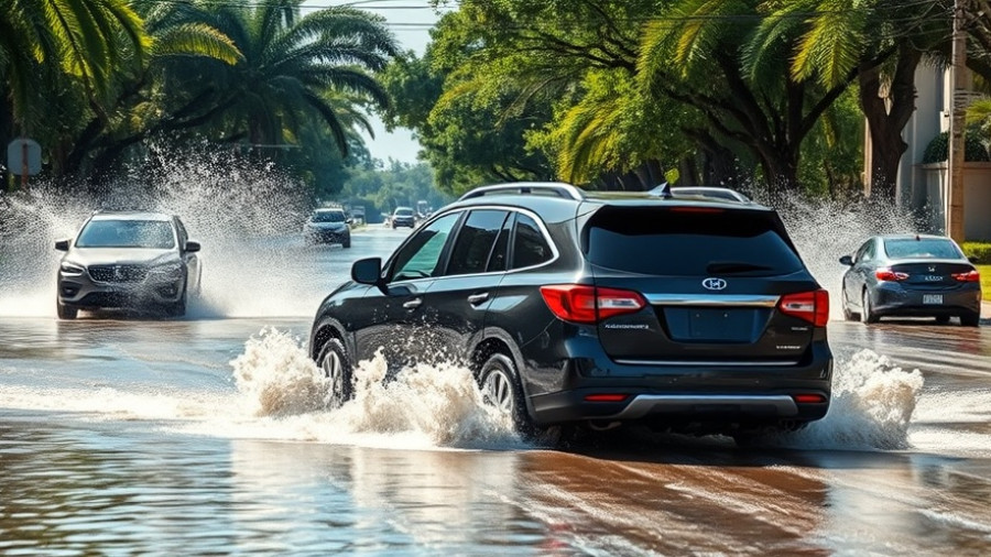 SUV navigating king tides flood in South Florida street.