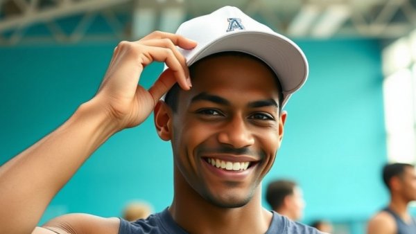 Young man smiles while putting on a cap at a Division I signing.