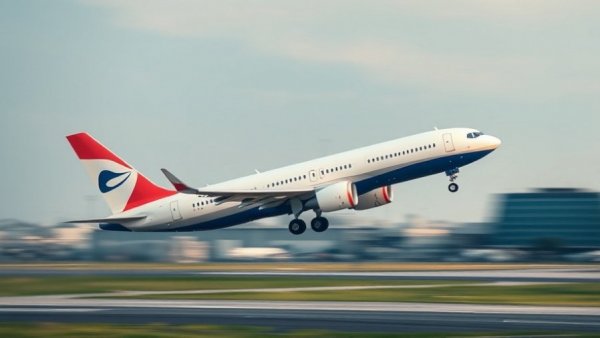 Commercial airplane taking off on runway, government shutdown travel impacts.