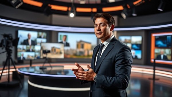 Professional presenter in a sleek, modern studio with digital screens.