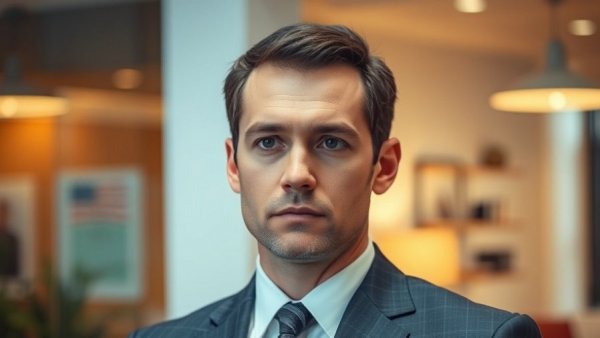 FBI employee in lawsuit over Pride flag, serious expression in office.