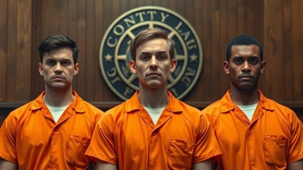 Court session related to family fraud scheme in Miami, three in orange uniforms.