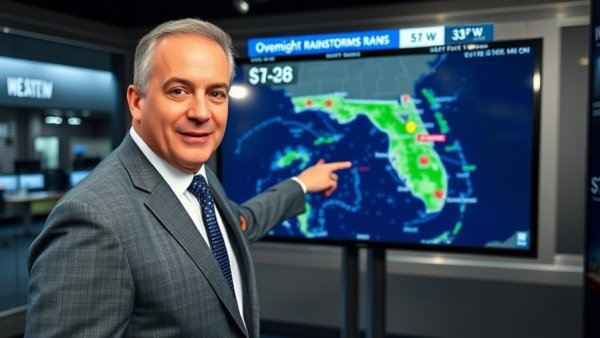 Weather forecaster discussing South Florida overnight rainstorms on radar.
