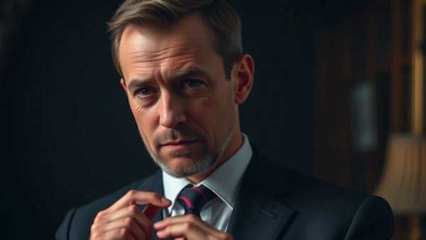 Man in formal attire looking thoughtful against a dark background.