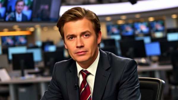 News anchor in a studio setting with monitors and desks.