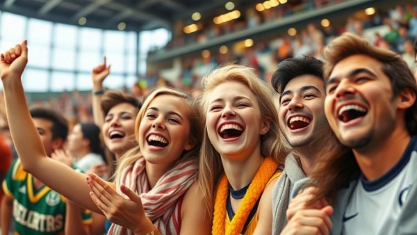 Fans celebrating together with joy at a sports event.