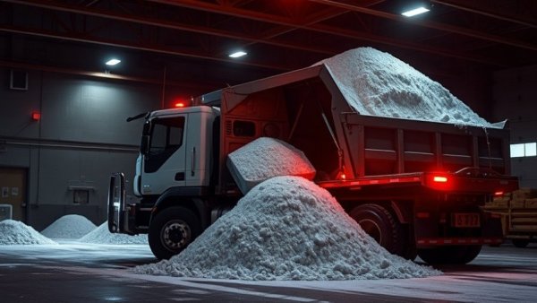 Salt truck unloading in preparation for a major winter storm.