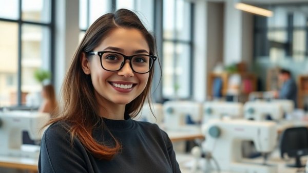 Young woman in a fashion studio smiling warmly, Miami fashion designers training future generations.