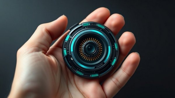 Futuristic gadget of 2026 with illuminated dials in hand.