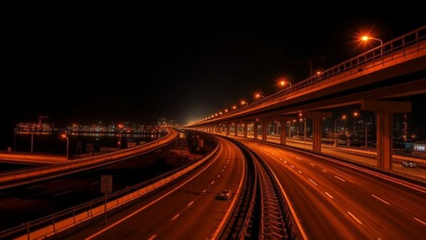 Nighttime Miami highway construction scene with lights.