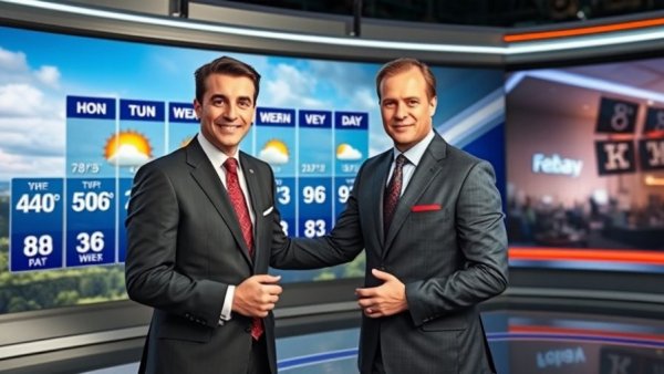 Weather forecaster presenting South Florida dry weather forecast on screen.