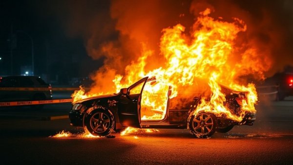 Car fire aftermath with flames at crash site, emergency safety scene.