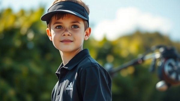 11-year-old golf phenom in black outfit with visor outdoors