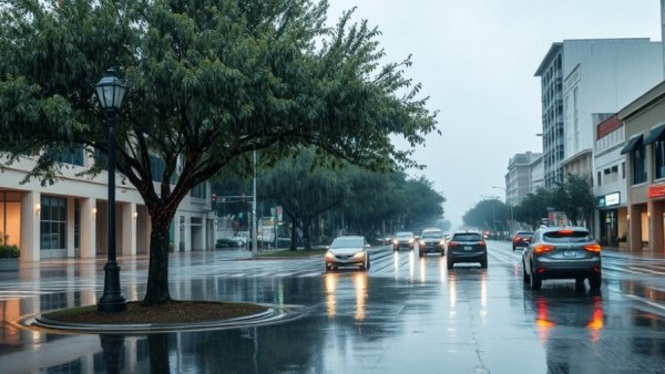 Flash floods Wilton Manors wet street scene during heavy rainfall.