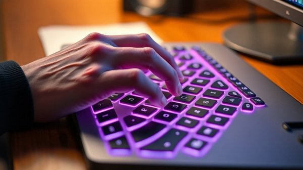 Hand typing on illuminated keyboard, Touchpad vs. Keyboard topic.