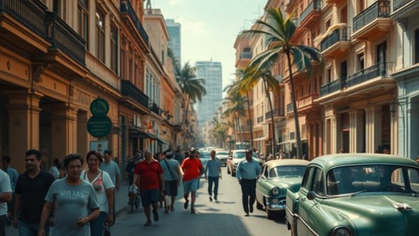 Urban scene in Havana, Cuba with people and vibrant buildings.