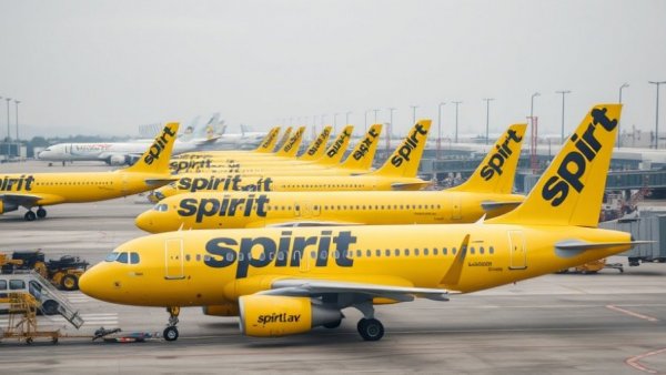 Spirit Airlines planes on tarmac, yellow aircrafts parked