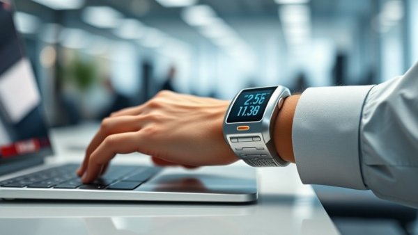 Futuristic wrist gadget display on arm typing at desk.